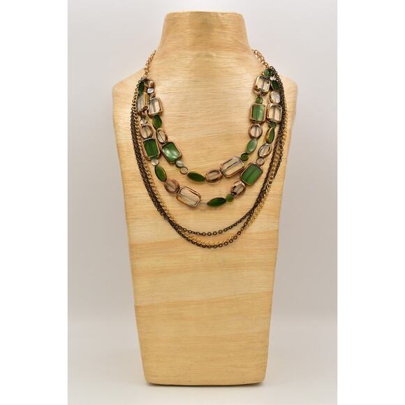 Sparkling Sage Vintage Glass Beaded Necklace Green Gold Multi-Layer Signed Bin7A - Picture 2 of 12